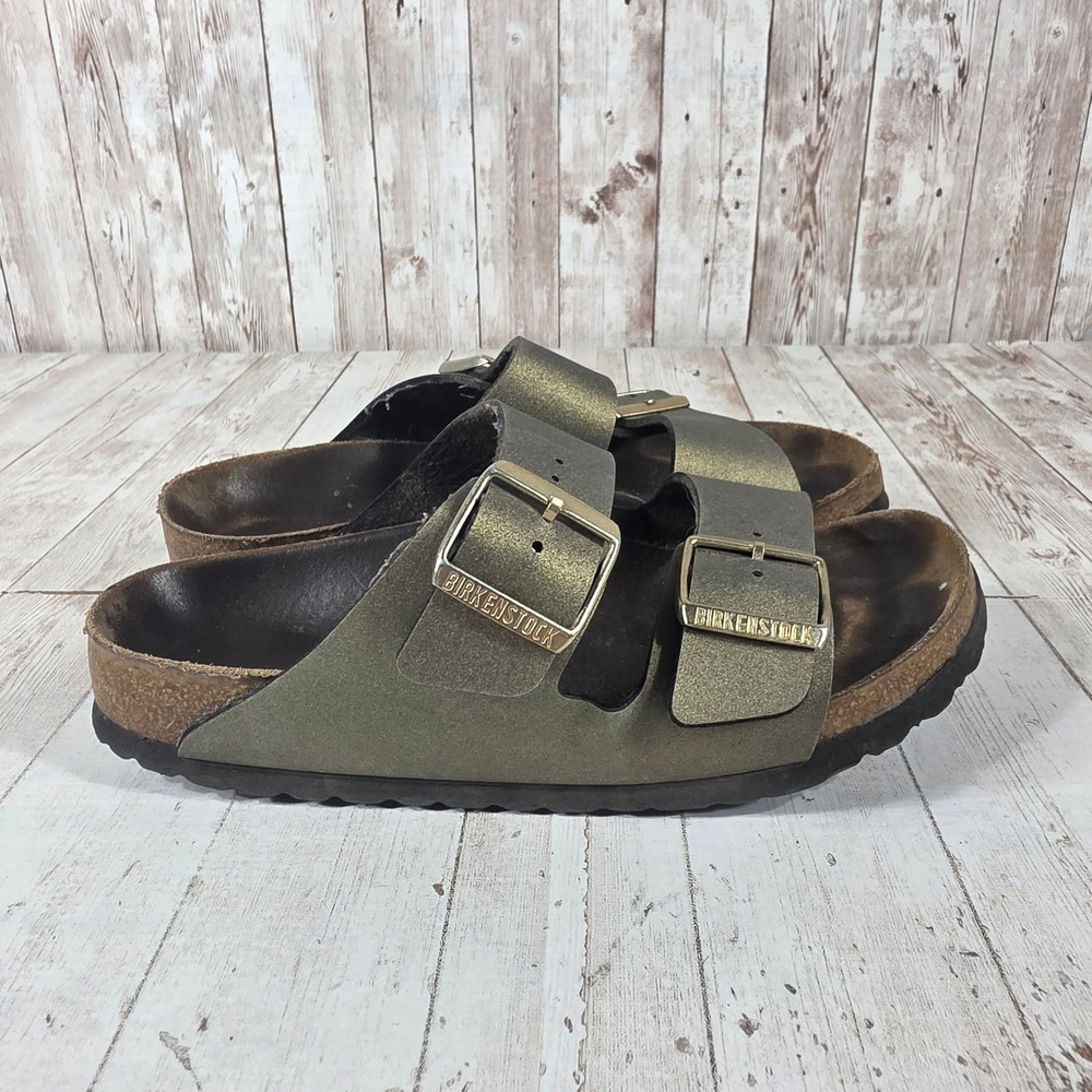 Birkenstock Arizona Metallic Olive Gold Two Strap Sandals EU 37 US 6-6.5